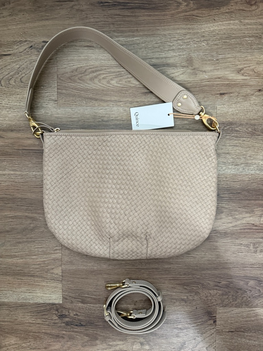 Quince Beige Woven Leather Shoulder Bag with Gold Hardware - SIZE LARGE - Picture 8 of 8